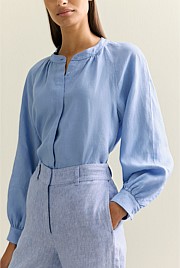 Linen Collarless Blouson Sleeve Blouse