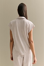 Linen Cotton Stripe Relaxed Cap Sleeve Polo