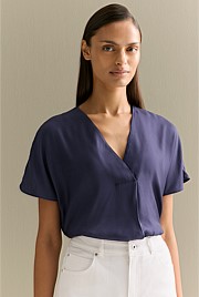 Draped Twill V Neck Top