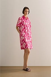 Linen Floral Button Through Short Sleeve Shift Dress