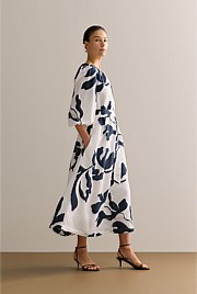 Palm Blouson Sleeve Tie Waist Dress