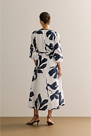 Palm Blouson Sleeve Tie Waist Dress