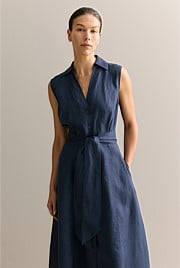 Linen Panel Detail Sleeveless Shirt Dress