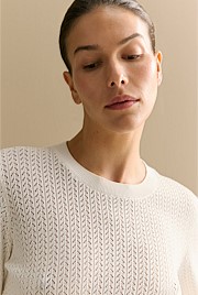 Mercerised Lace Knit 3/4 Sleeve Crew