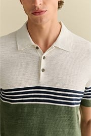 Cotton Linen Textured Colourblock Stripe Polo