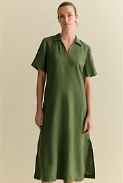 Linen Polo Collar Midi Shift Dress